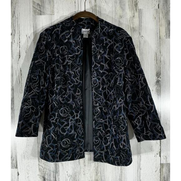 Chicos Jacket Size 1 Medium Black Lace White Blue Embroidery Open Front - Picture 1 of 8
